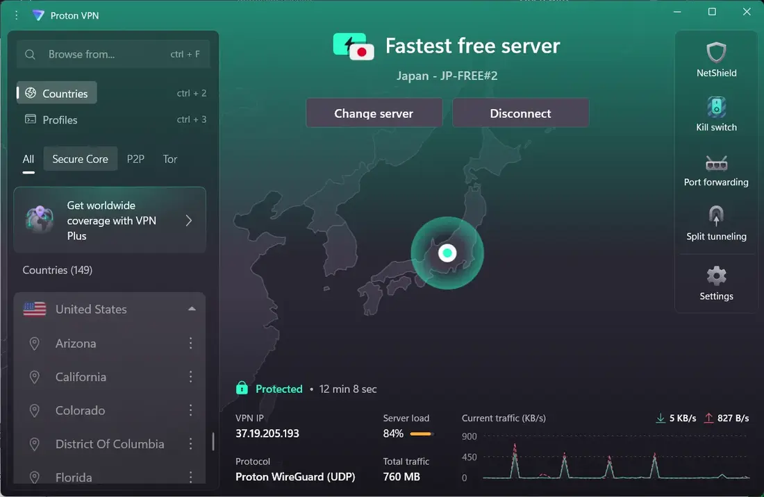 Proton VPN free plan server list with 149 countries listed and US states greyed out