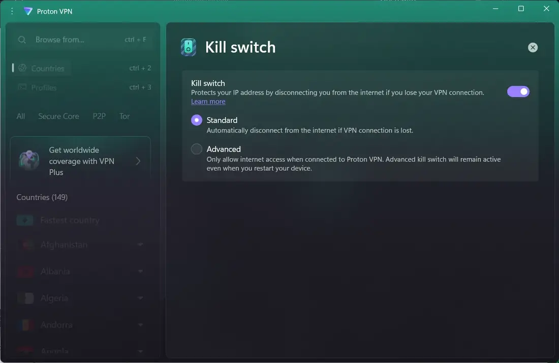Proton VPN kill switch turned on in Standard mode on the free plan