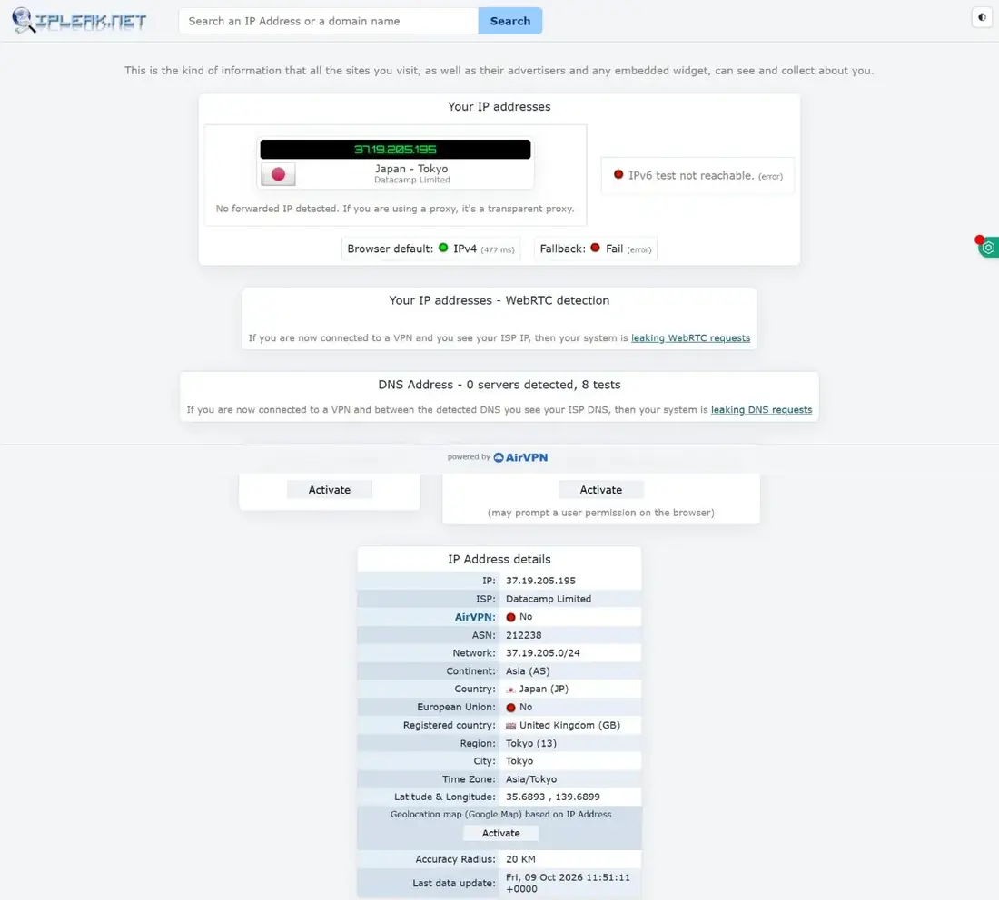 ipleak.net connected to Proton VPN: a Proton IP in Tokyo, IPv6 not reachable, no WebRTC leak