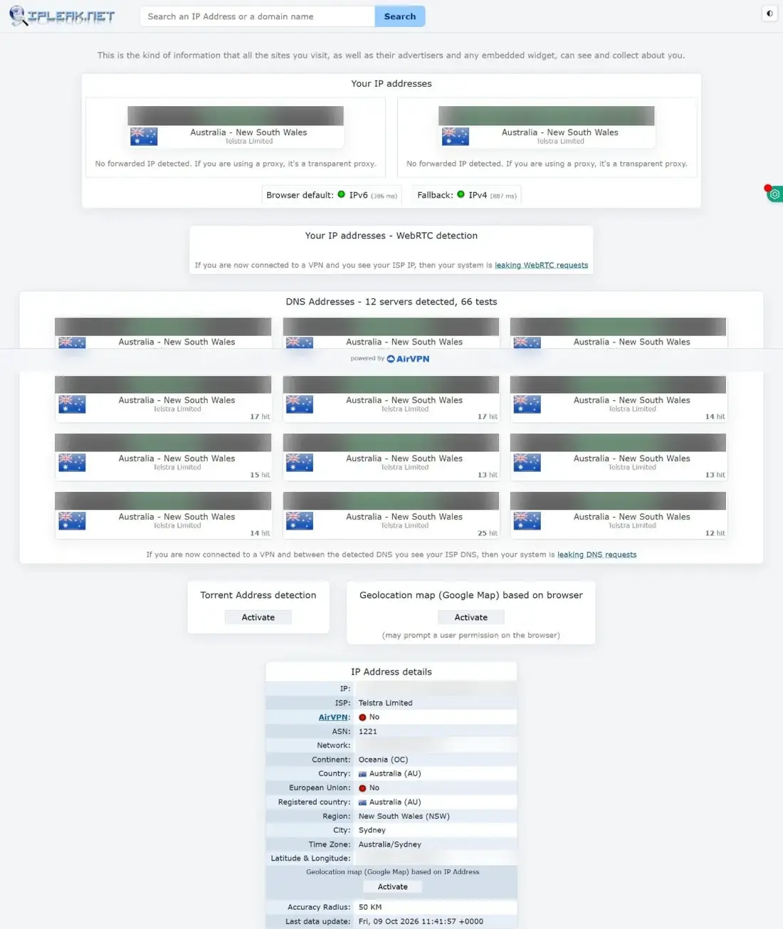ipleak.net with the VPN off, showing our real IP addresses and DNS servers (blurred)
