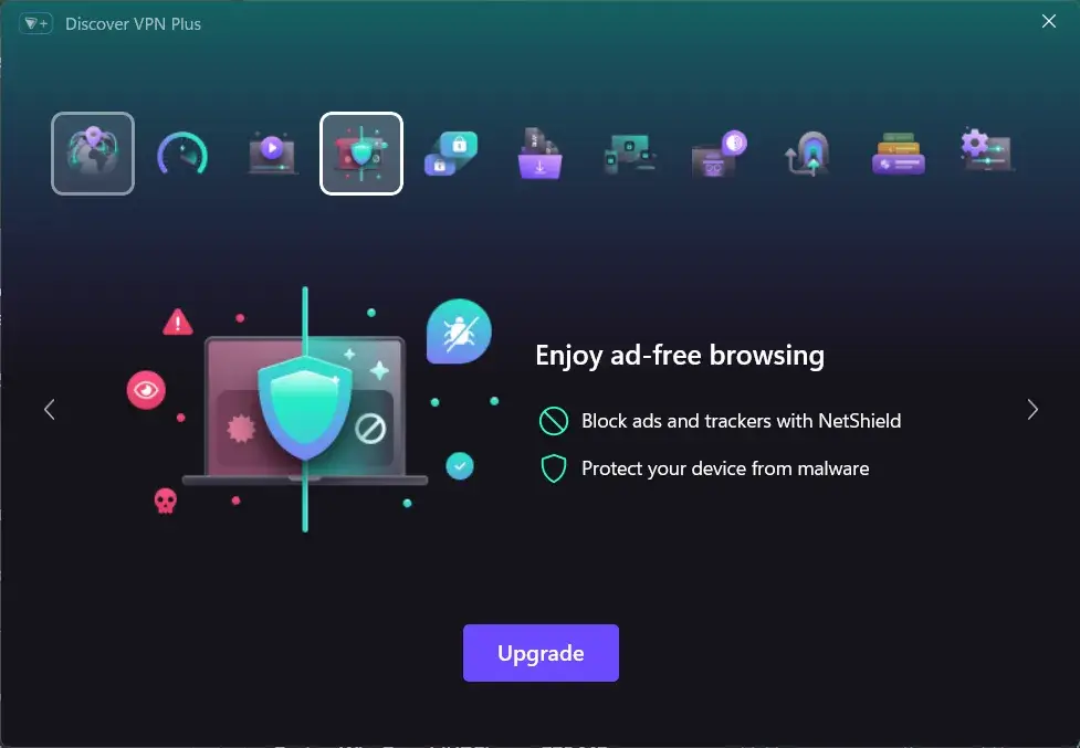 Proton VPN upgrade screen shown when opening NetShield on the free plan