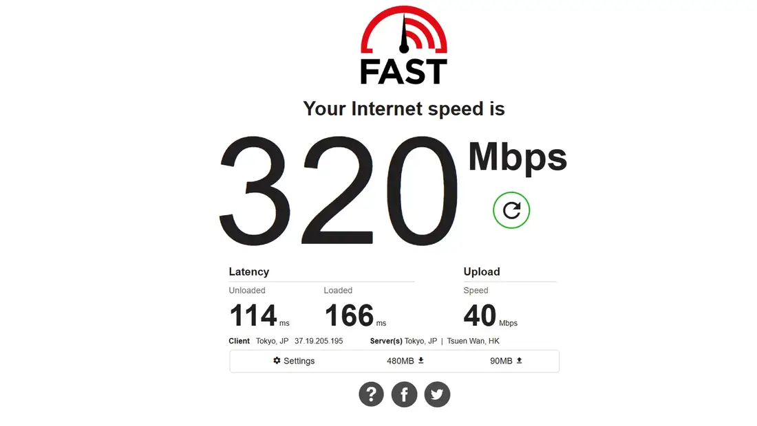 fast.com connected to Proton VPN's free Japan server: 320 Mbps down, 40 Mbps up, 114 ms latency