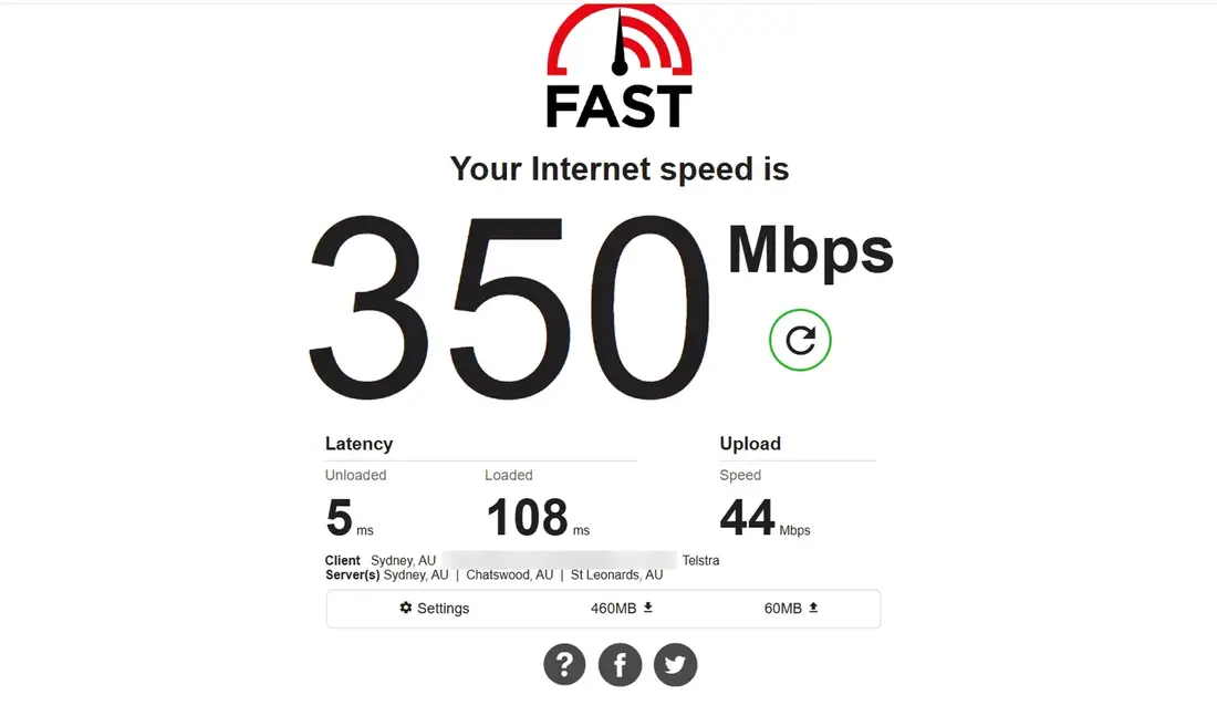 fast.com with the VPN off on 9 October 2026: 350 Mbps down, 44 Mbps up, 5 ms latency (IP blurred)