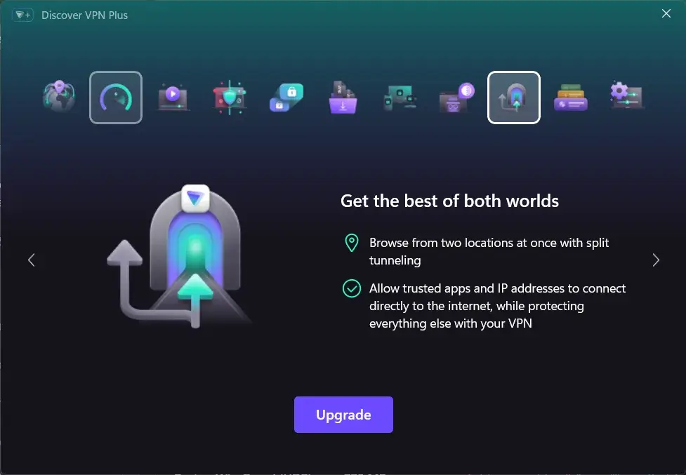 Proton VPN upgrade screen shown when opening split tunneling on the free plan